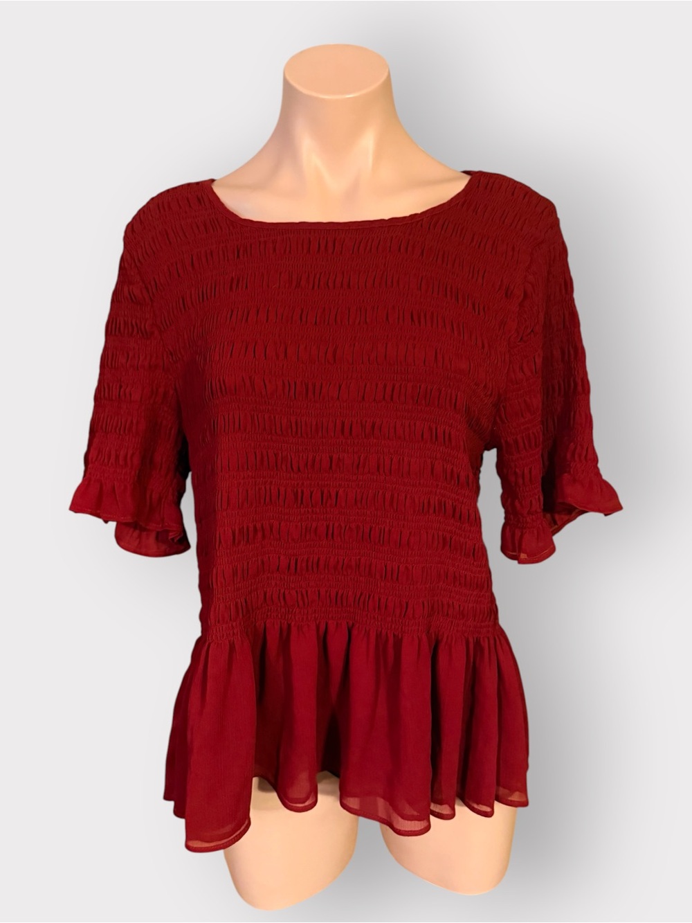 Torrid Women’s 2X Burgundy Smocked Peplum Chiffon Short Sleeve Top Blouse